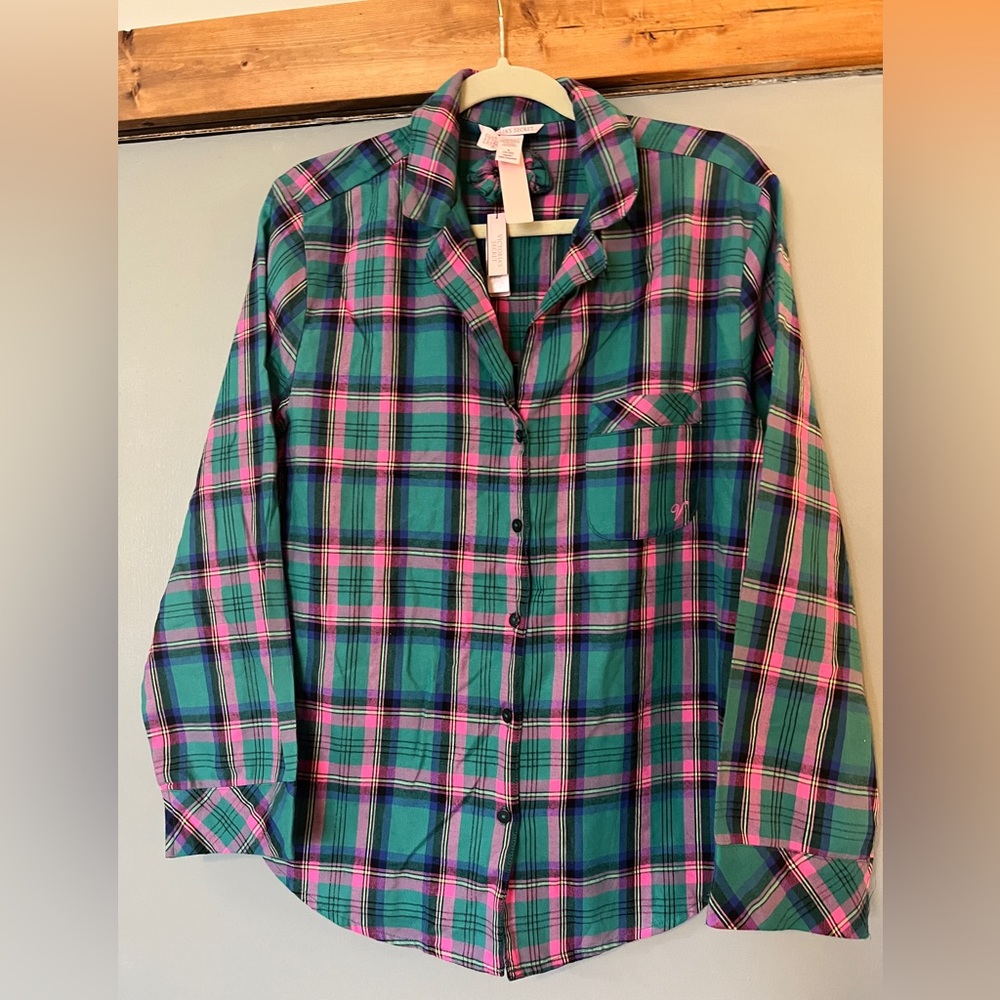 Victoria's Secret plaid Long Pj Top Teal Green And Pink size MEDIUM Brand New